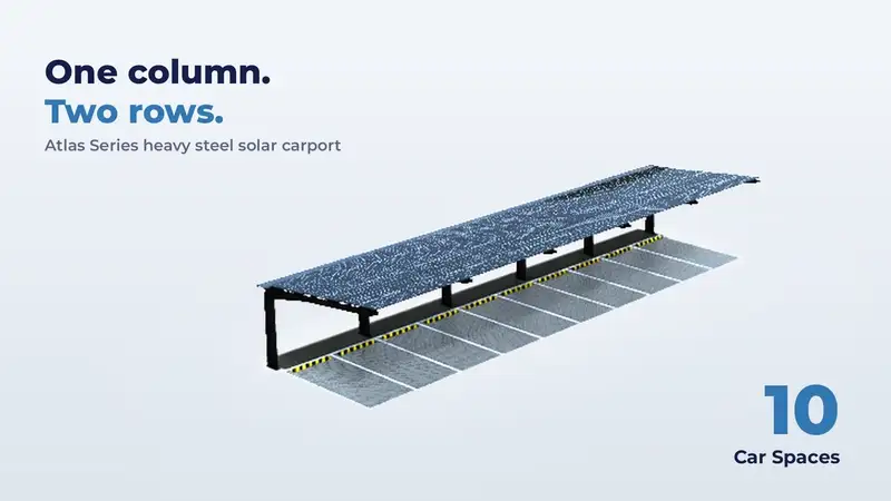 ATLAS heavy steel solar carports expanding from one row to a multi-row car park