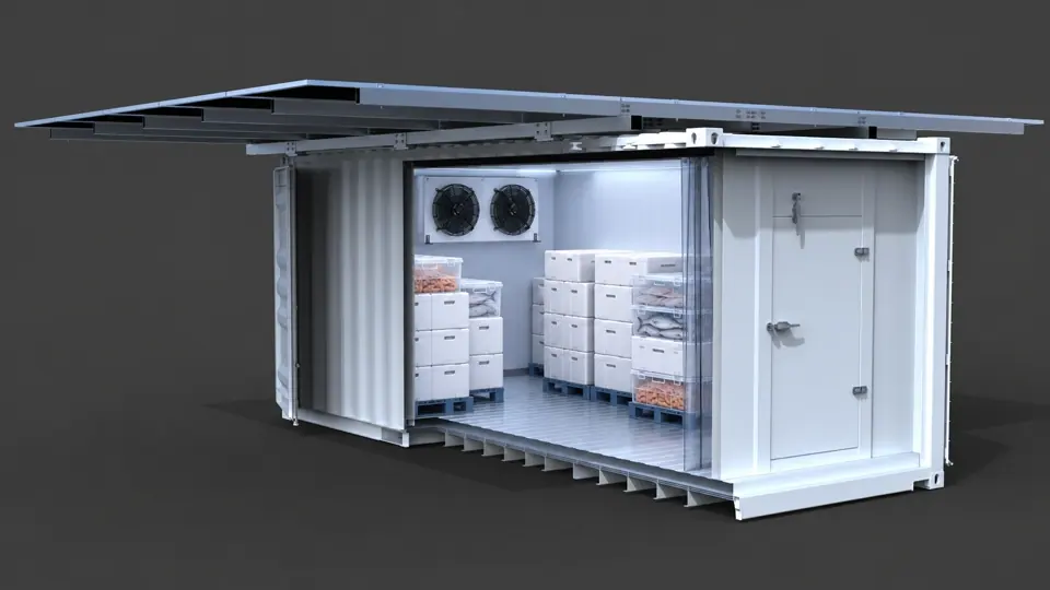 Cold room showing seafood, meat and dairy, produce and fruit in separate illustrative storage scenes