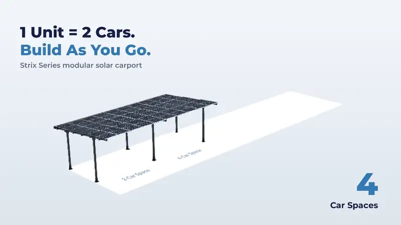 STRIX modular carport: two-car units combine into a ten-space layout