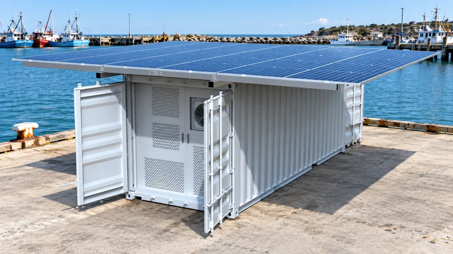 Solar cold room illustrated at a fishing harbour