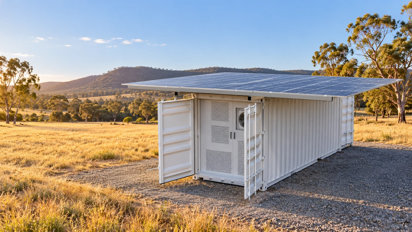 Illustrative solar cold-room container installation on a gravel pad at an Australian rural property