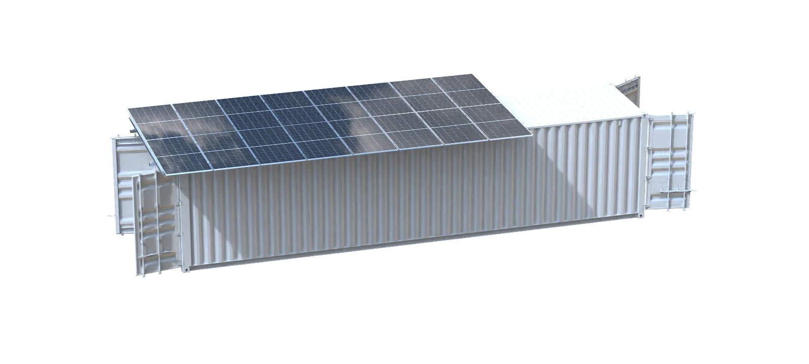 40ft solar cold room rendered from the supplied model, with its solar array and container body