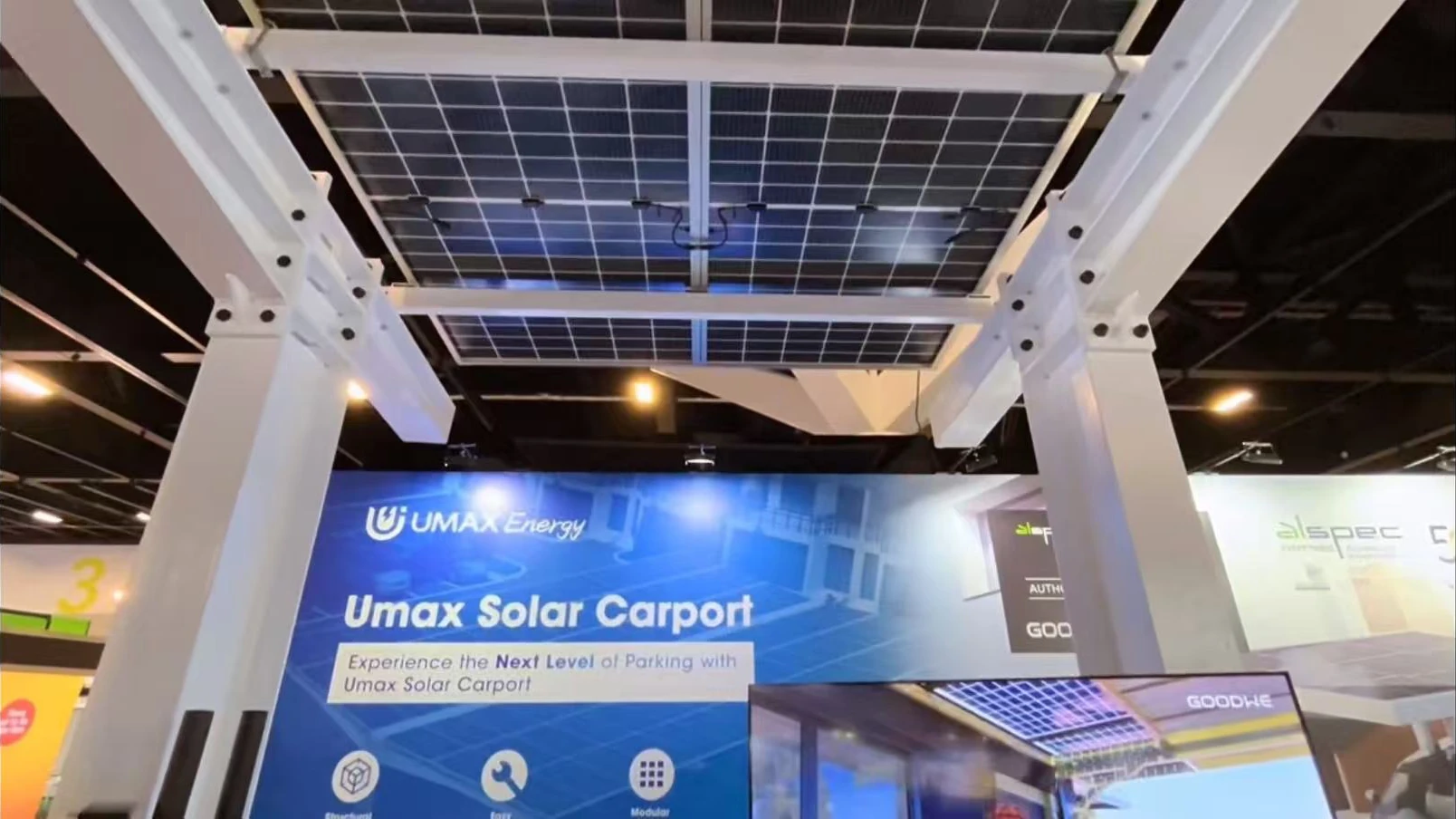 Underside of the UMAX Energy solar carport roof at Sydney Build Expo 2024