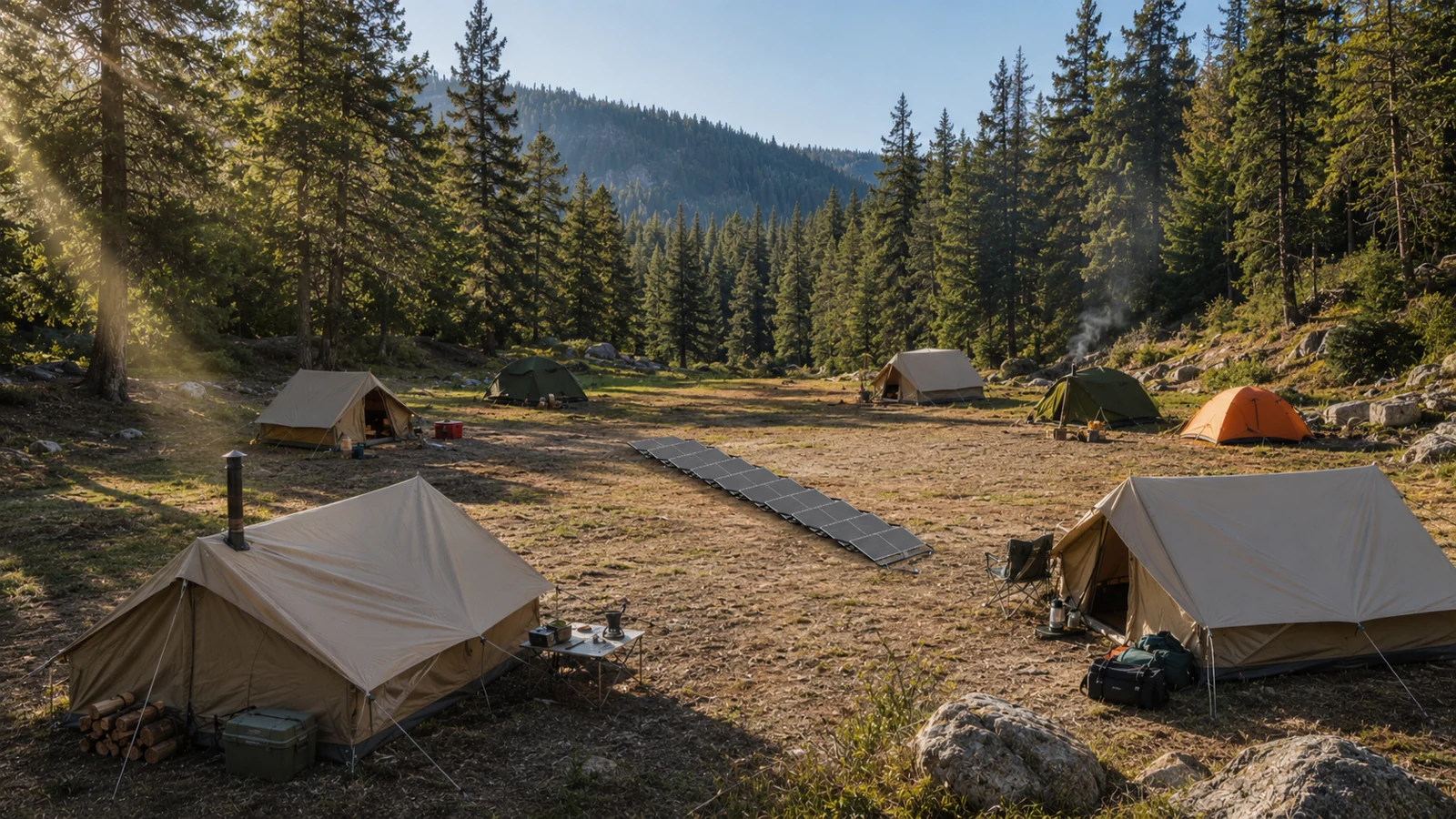 Illustrative OASIS Mini solar array in an open area between campsite tents