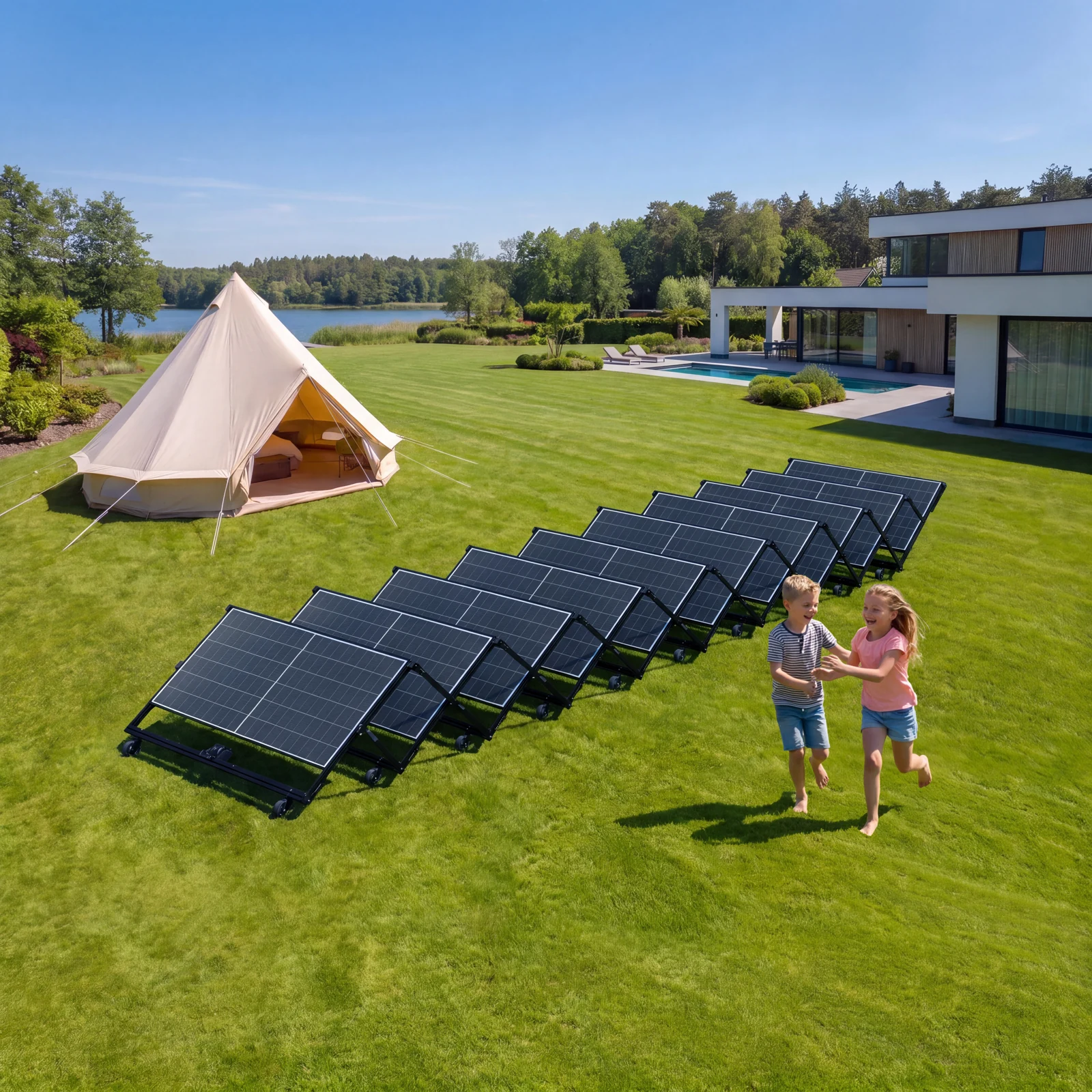 Illustrative OASIS Mini wheeled solar array on a residential lawn