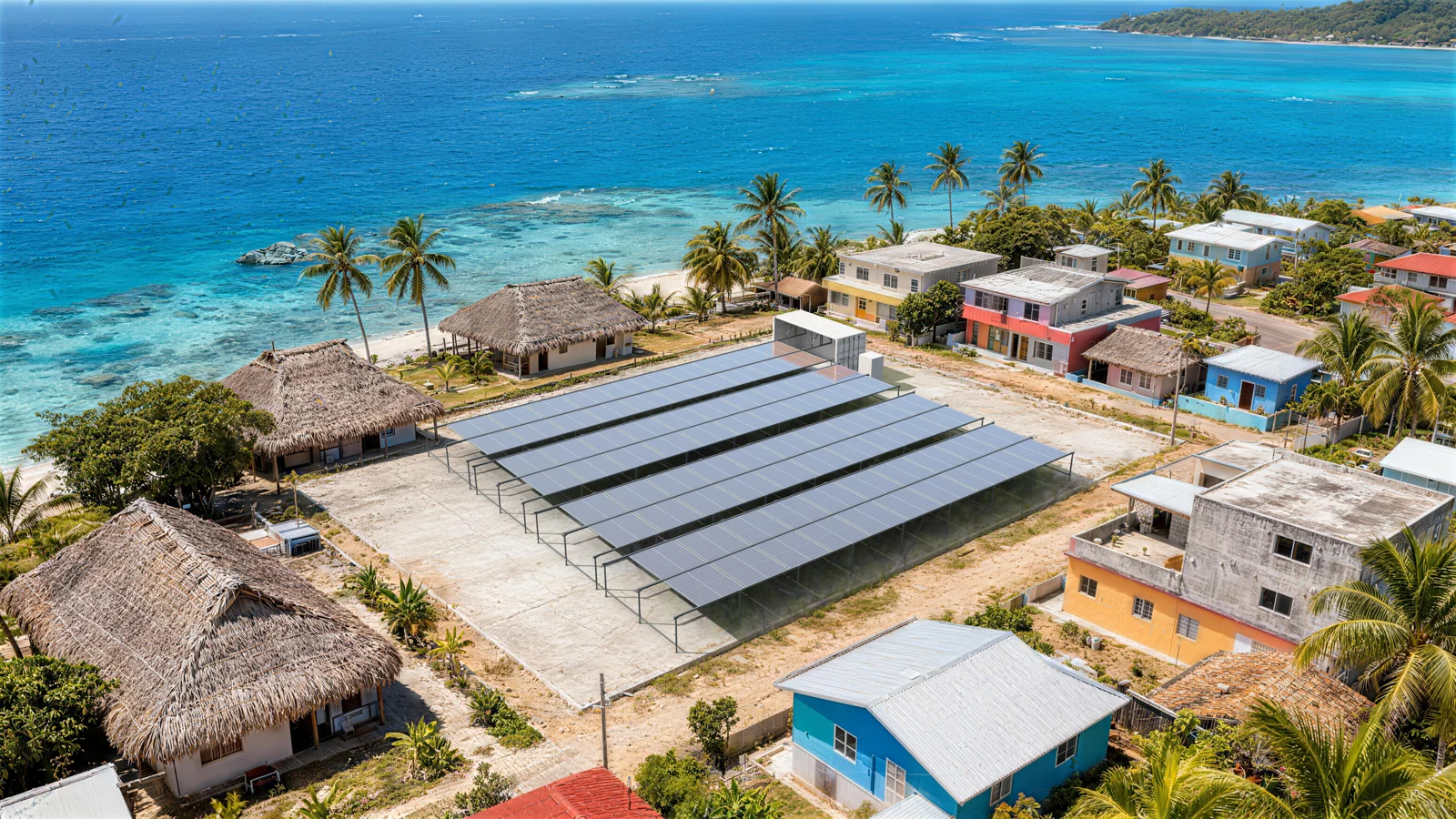 Illustrative OASIS Plus solar field beside an island community
