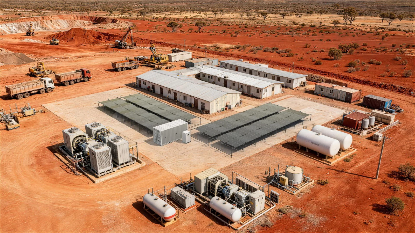 Illustrative OASIS Plus containerised solar arrays beside mining site facilities