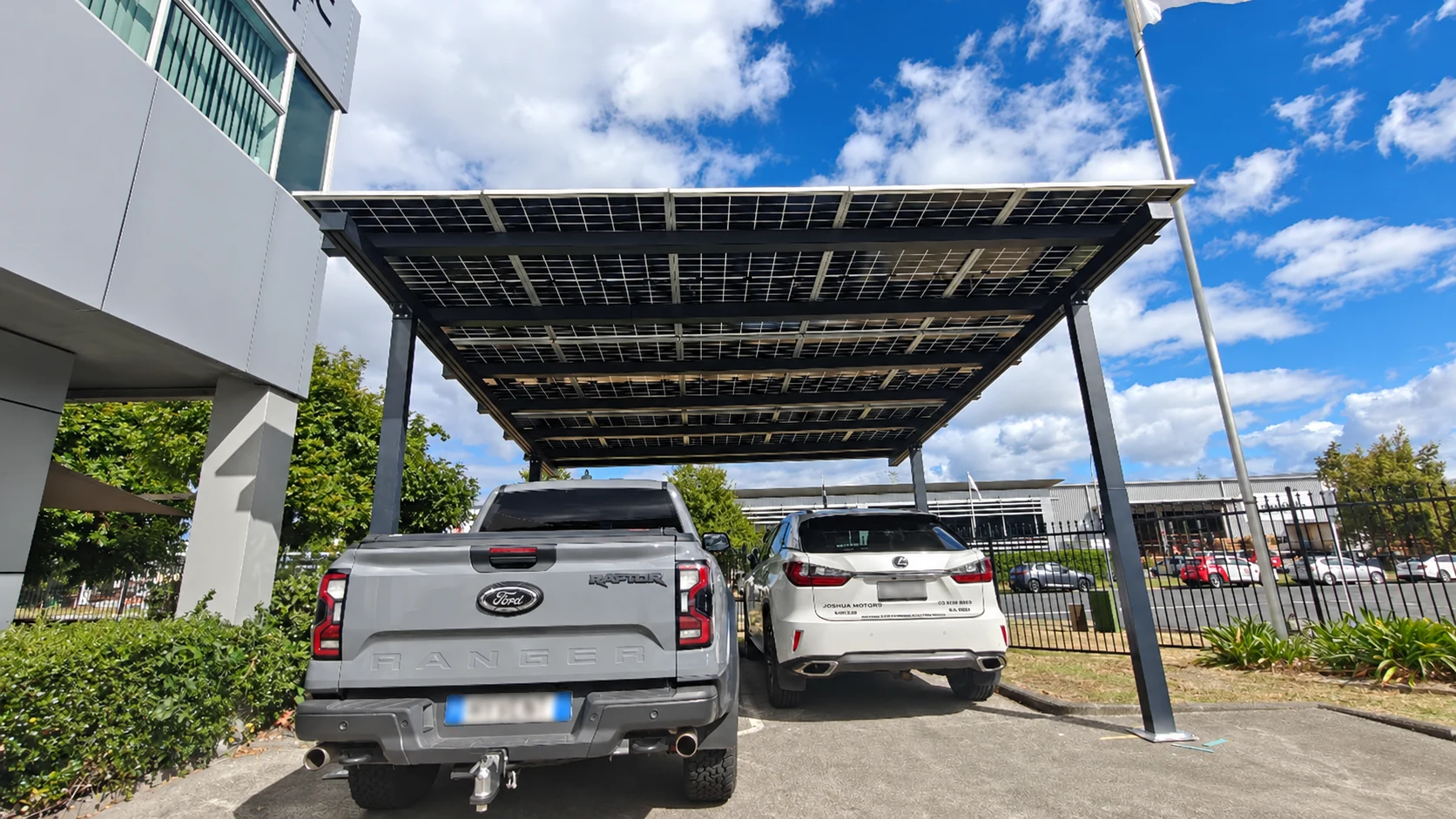 Double-carport layout with a ute and SUV.