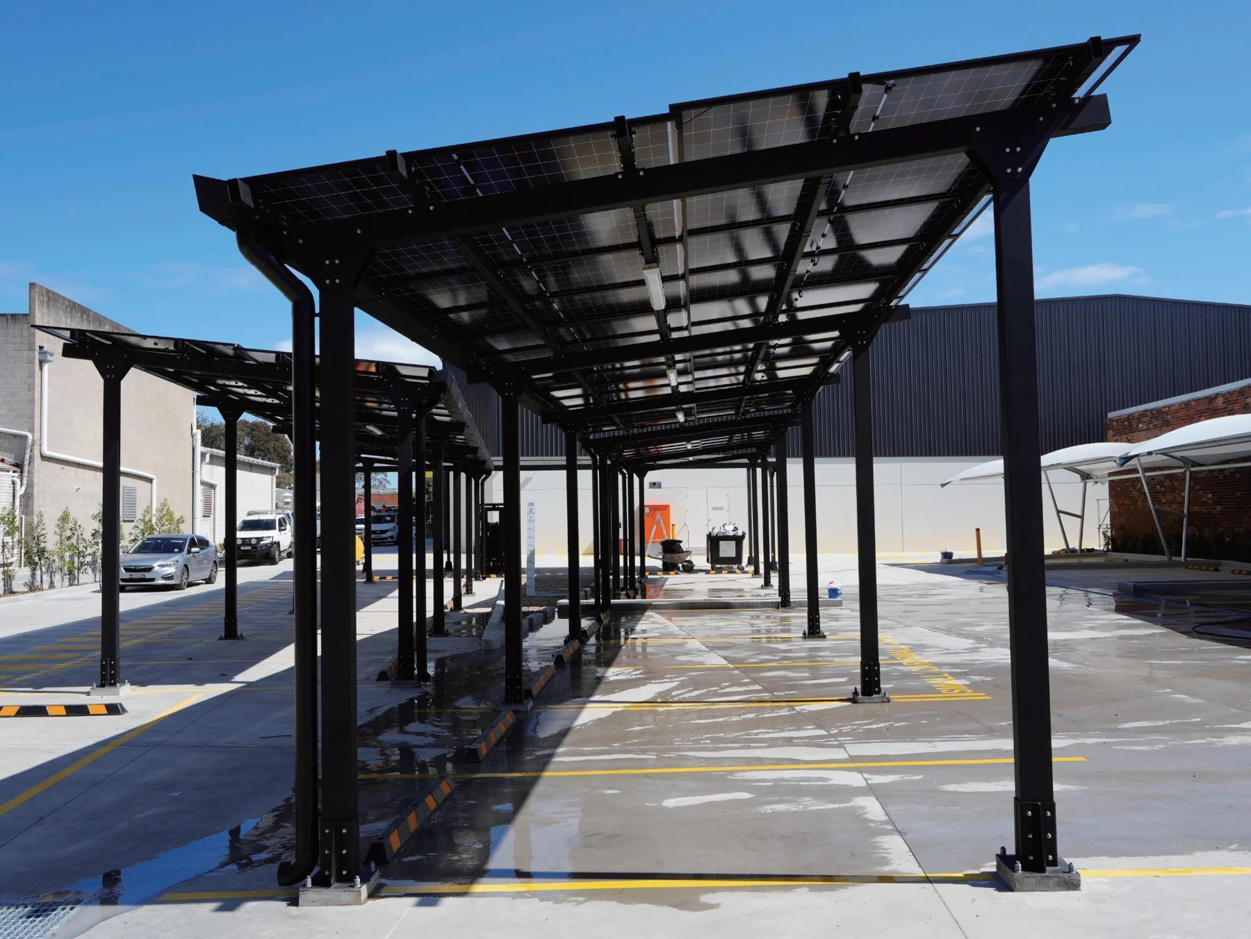 Solar canopy and marked parking bays at the Botany development
