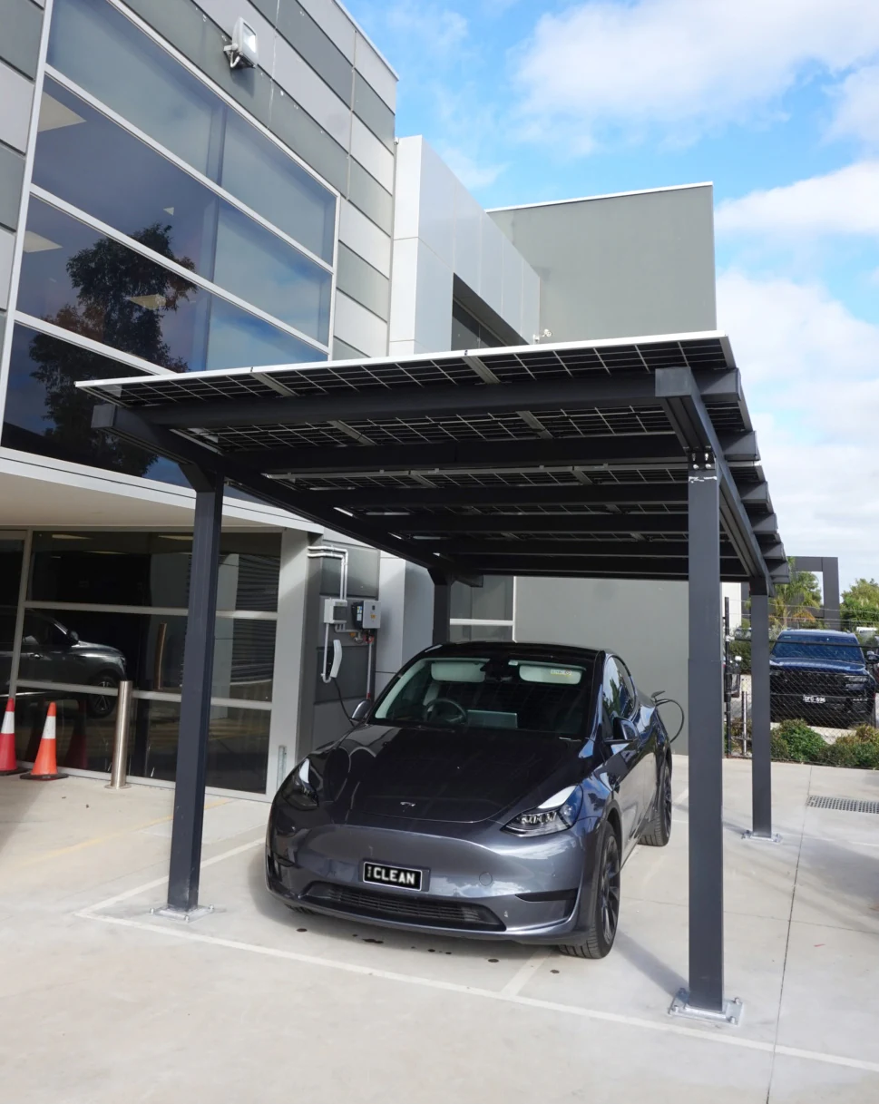 Front view of the single parking bay and solar canopy.