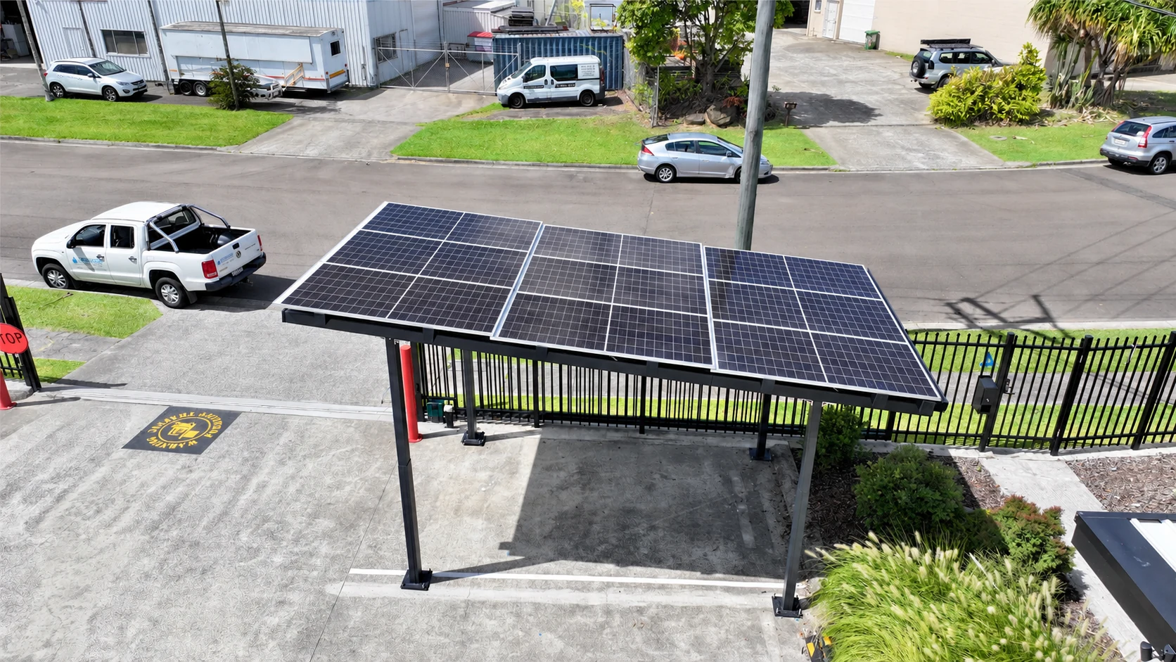 An elevated view of the roof and empty parking bay.